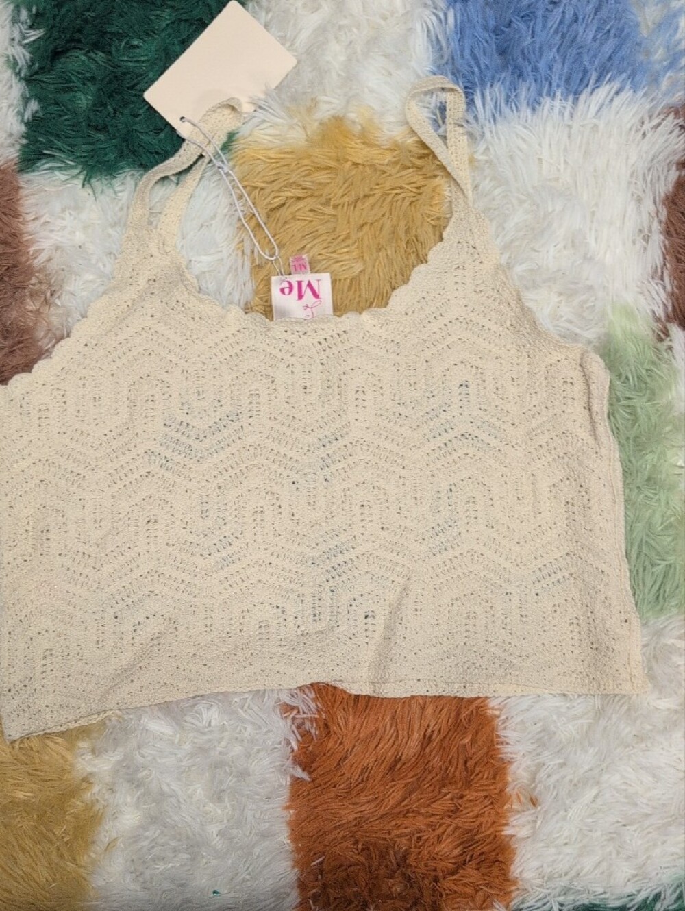 ME Makeover Essentials Cream Crochet Crop Top with Blue Floral Embroidery - Picture 2 of 8